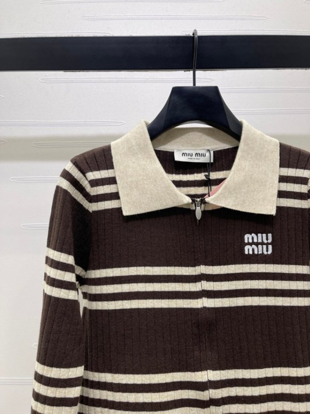 Miu Miu Brown Off‑White Stripe Zip‑Up Collared Knit Sweater - Picture 3 of 8